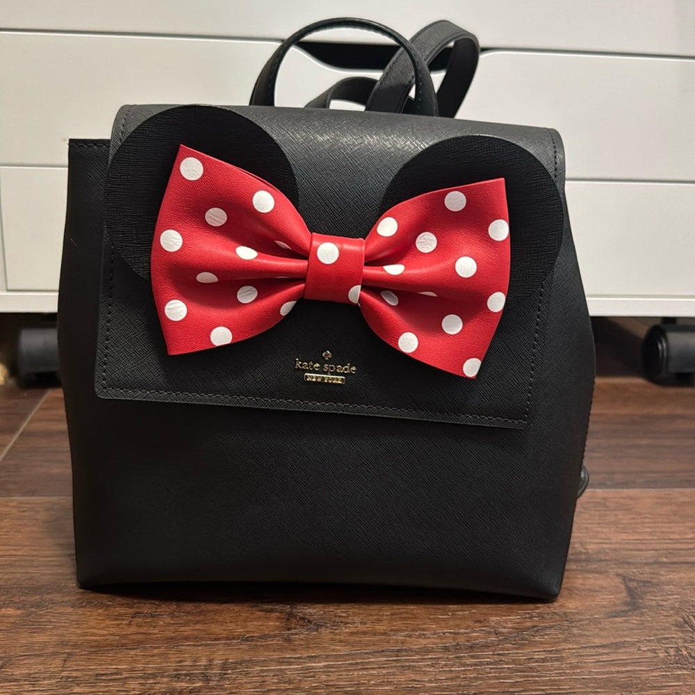 Disney Kate Spade New York Minnie Mouse Black Red Bow Leather Backpack + Wallet